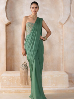 Neerudhi Embroidered Cord Pre-draped Saree - Sage Green