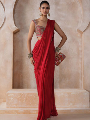 Yuthika Embroidered Cord Pre-draped Saree - Red