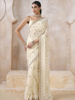 Sharika Hand-embroidered Chikankari Silk Saree - Beige