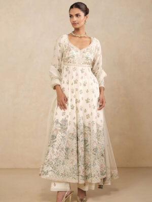 Zohra Embroidered Mul Anarkali Suit Set - Ivory