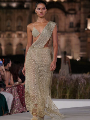 Kimbra Macrame Pre-draped Saree - Gold