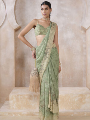 Lizbet Sequin Chiffon Pre-draped Saree - Green