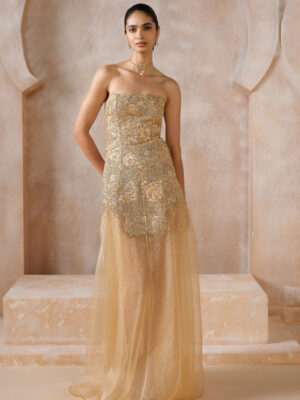 Islaire Embroidered Applique Gown - Gold