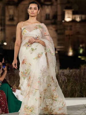Springbloom Hand-embroidered SEWA Silk Saree - Ivory