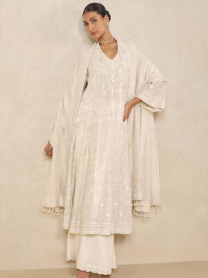 Nour Embroidered Mul Palazzo Set - Ivory
