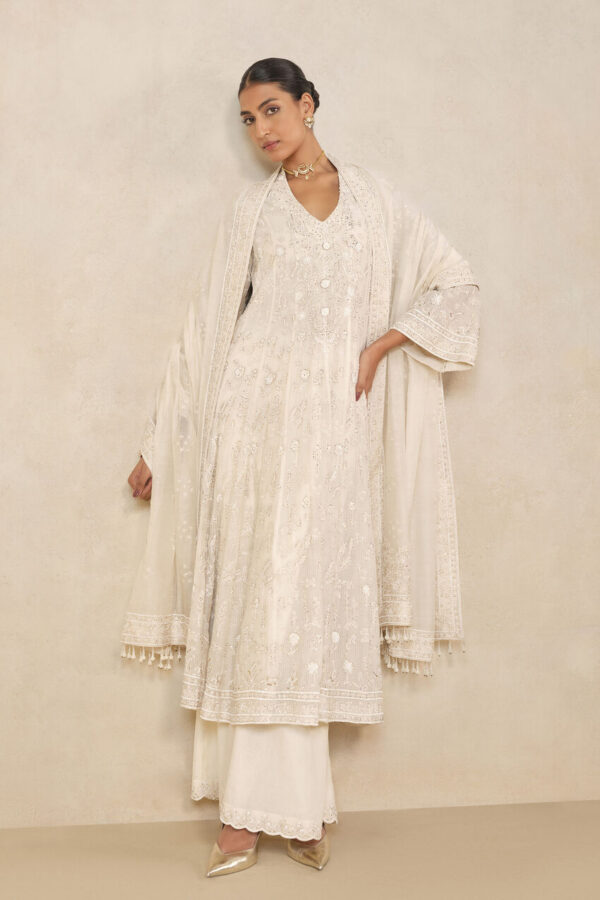 Nour Embroidered Mul Palazzo Set - Ivory